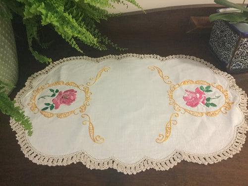 Embroidered Linen Doily with Crochet Edge