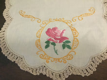 Load image into Gallery viewer, Embroidered Linen Doily with Crochet Edge