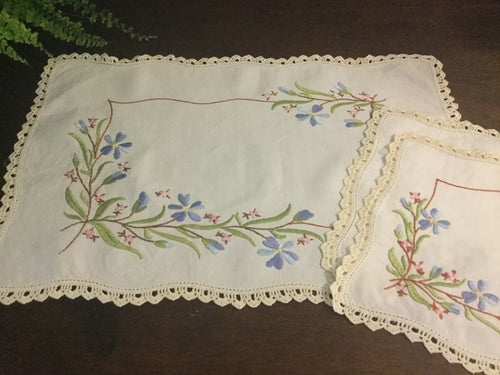 Embroidered Linen Doily Set with Crochet Edge